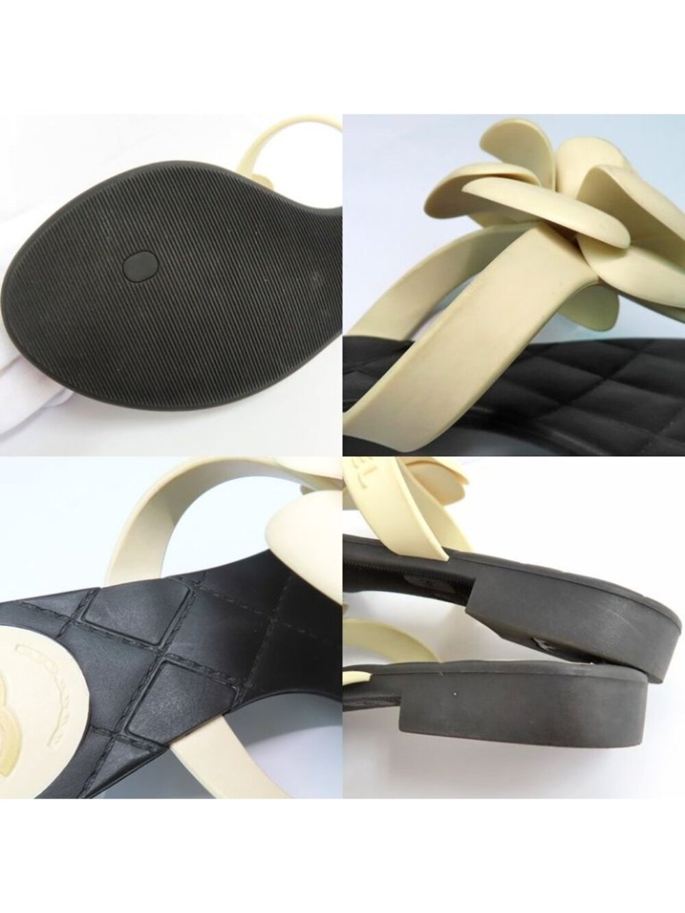 Chanel Camellia Beach Sandals Flat Heel 35 Black White Rubber Thong - Picture 9 of 11